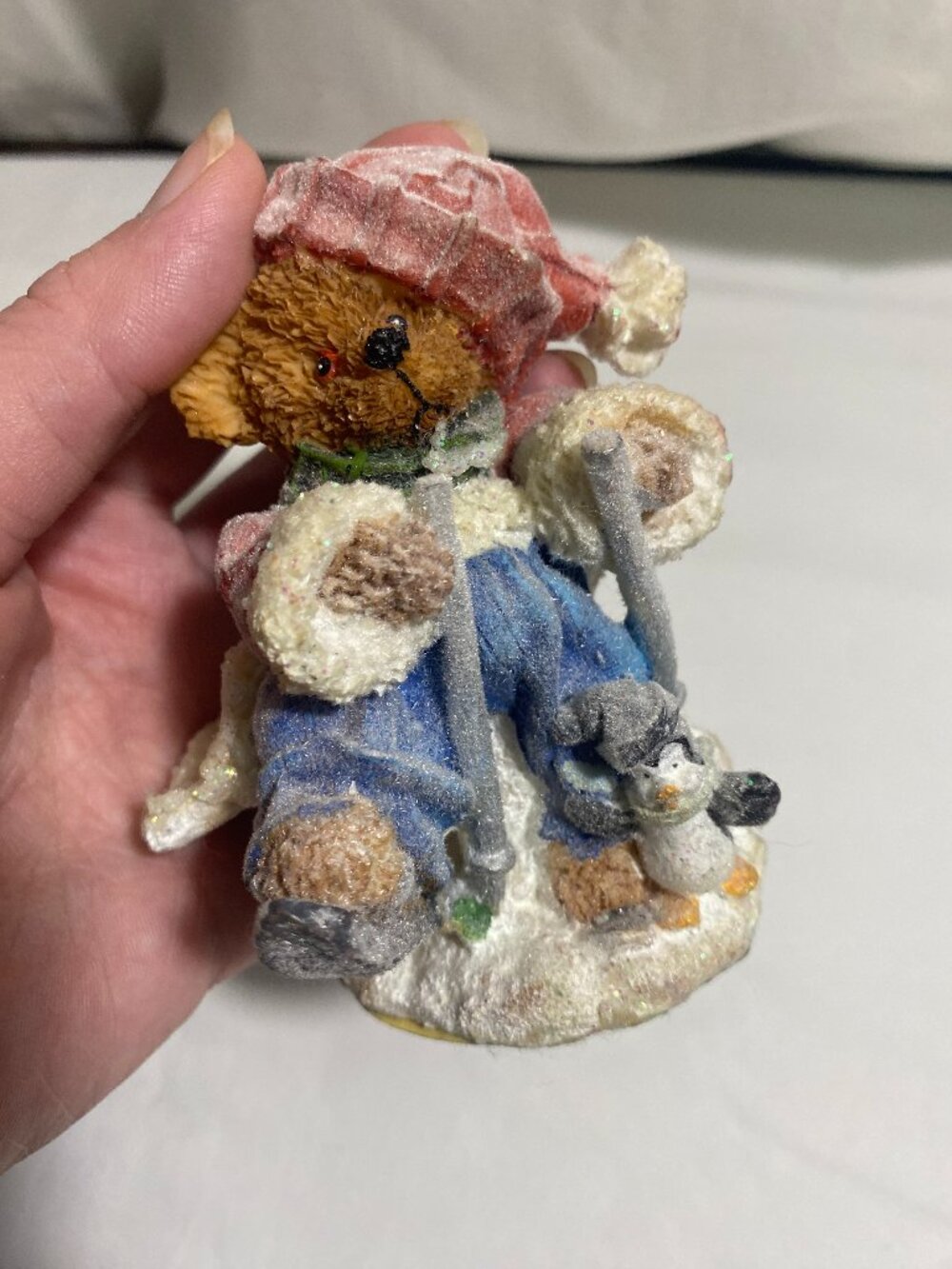Vintage K's Collection Teddy Bear Skier Figurine w/ Penguin Flocked Christmas 4"